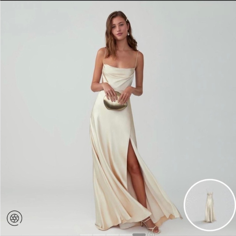 Champagne Fame and Partners Strappy Draped Gown NWT. Size 2.